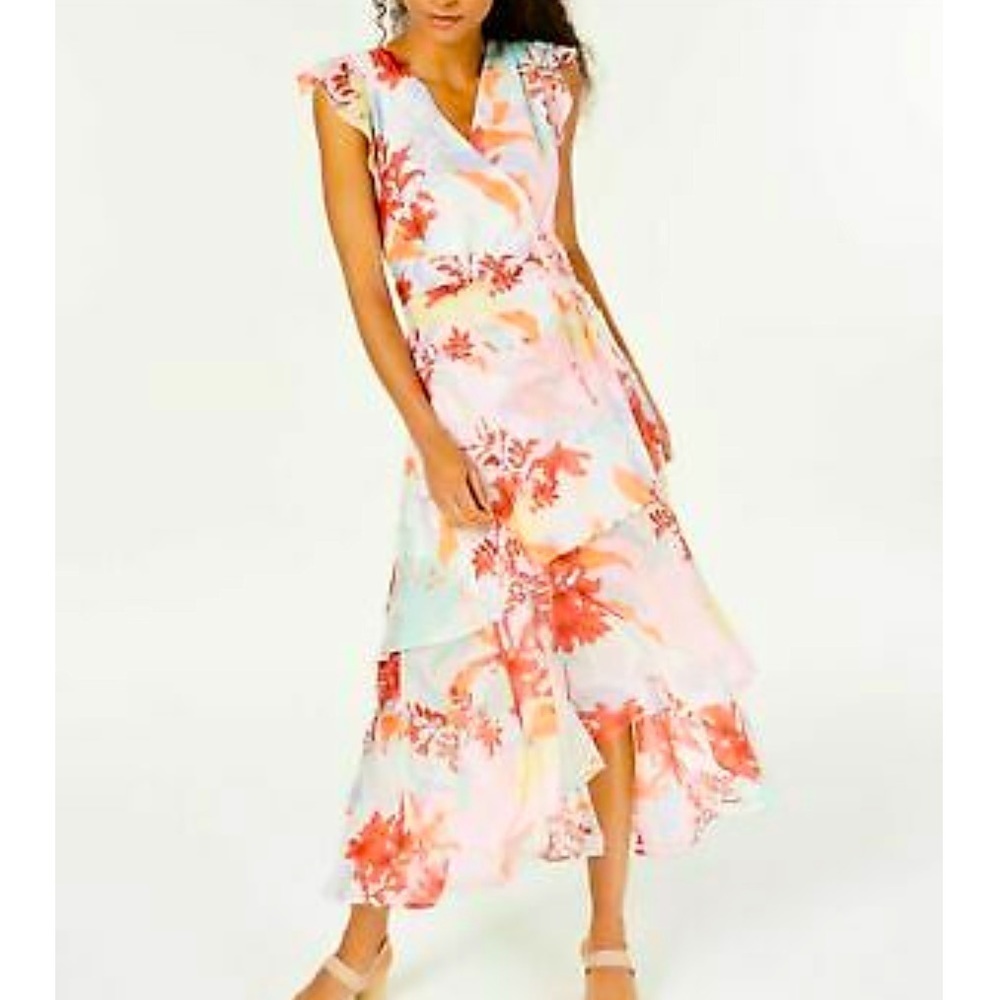 BAR III floral tiered wrapfront hi lo hem midi dress